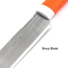 Kitchen knife set, stainless steel, with non-slip handle and blade cover for safety.