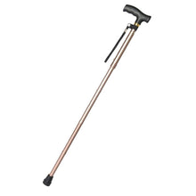 Portable fold-up walking cane with T handles, collapsible for easy storage.