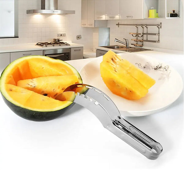 Stainless steel watermelon slicer and corer tool.