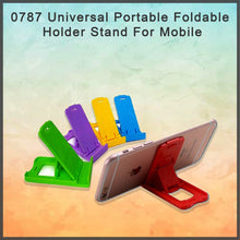 Universal holder stand for phones, features a foldable and portable design.